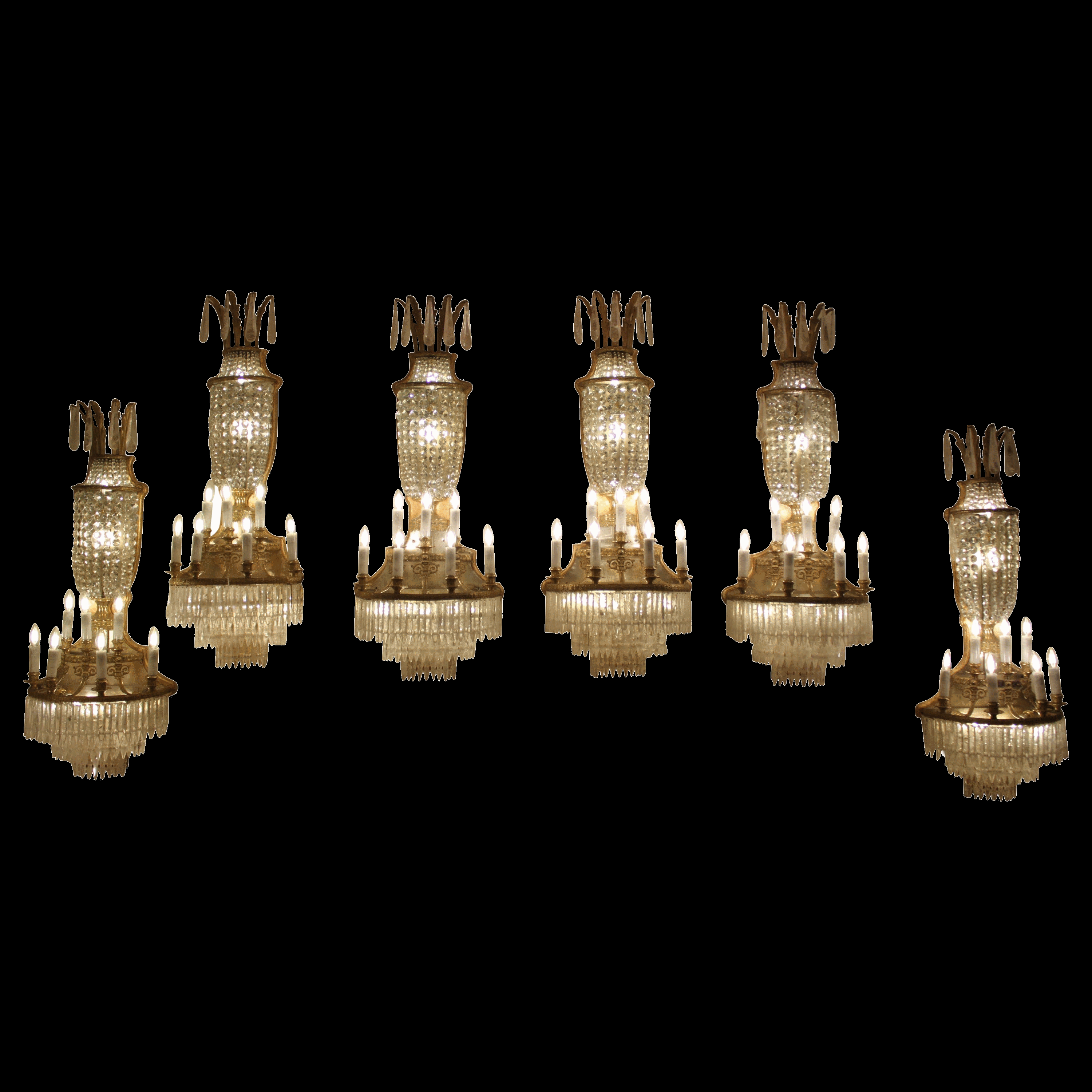 Set of six French gilt brass & rock crystal 11 light wall lights