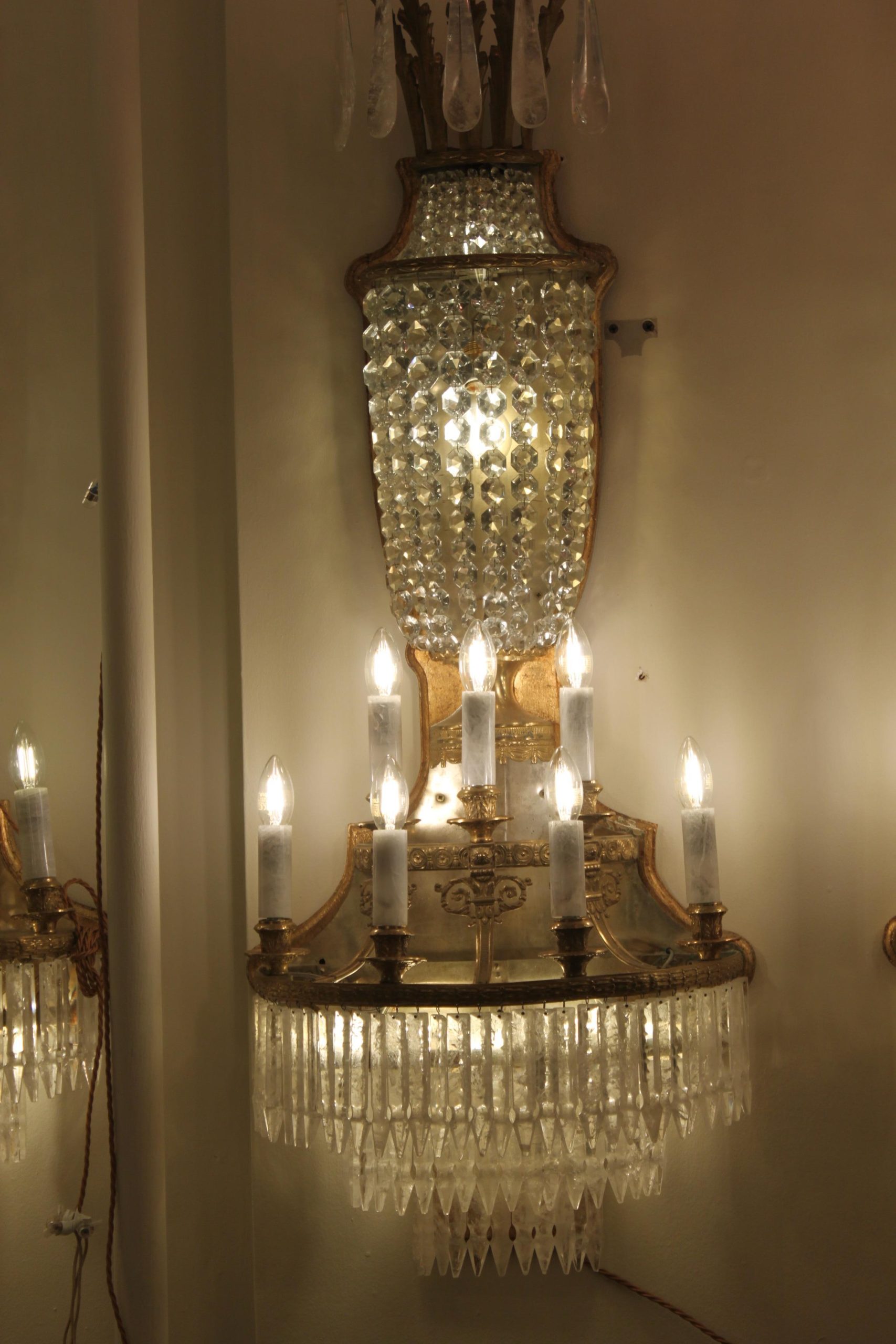 Set of six French gilt brass & rock crystal 11 light wall lights - Image 6