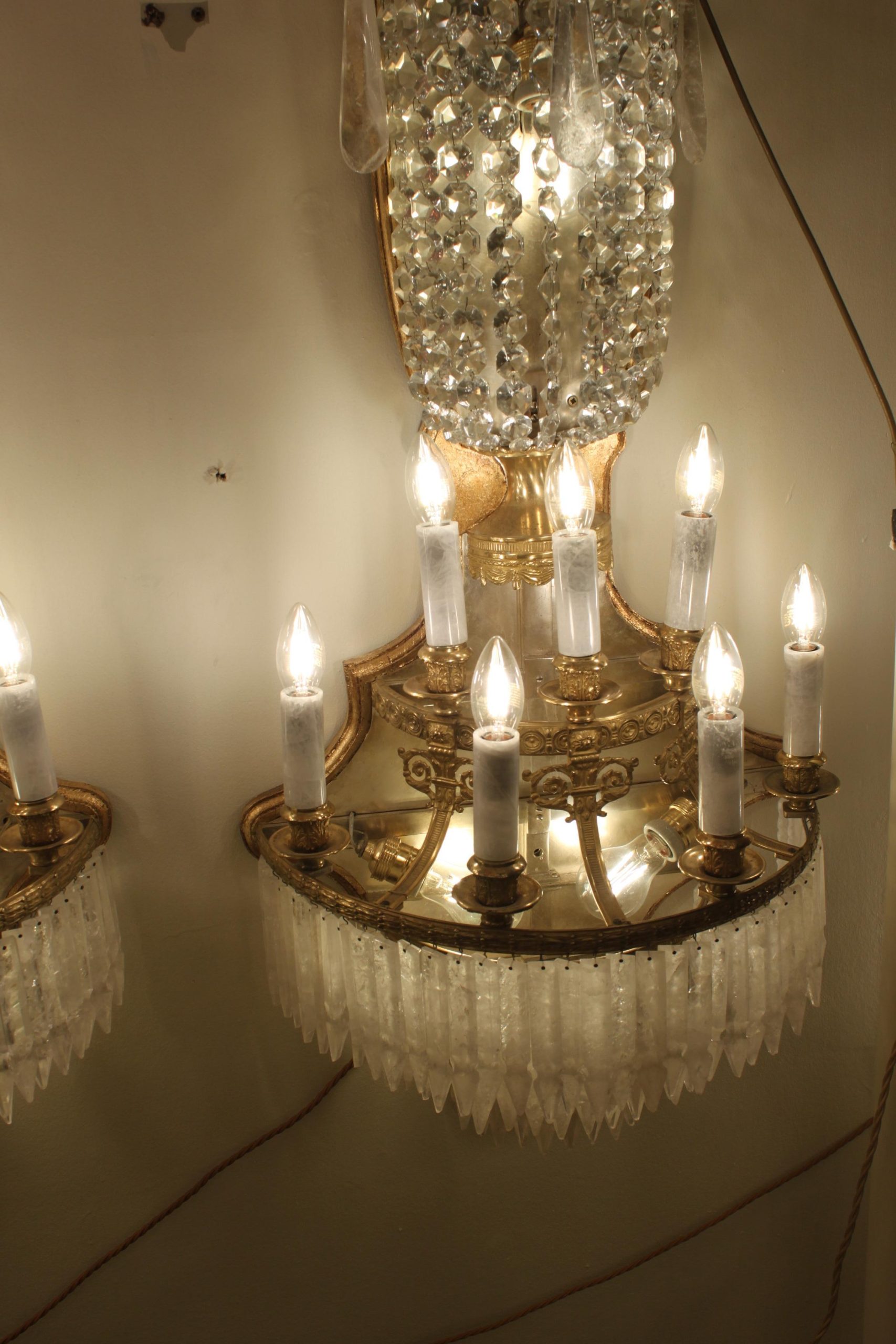 Set of six French gilt brass & rock crystal 11 light wall lights - Image 10