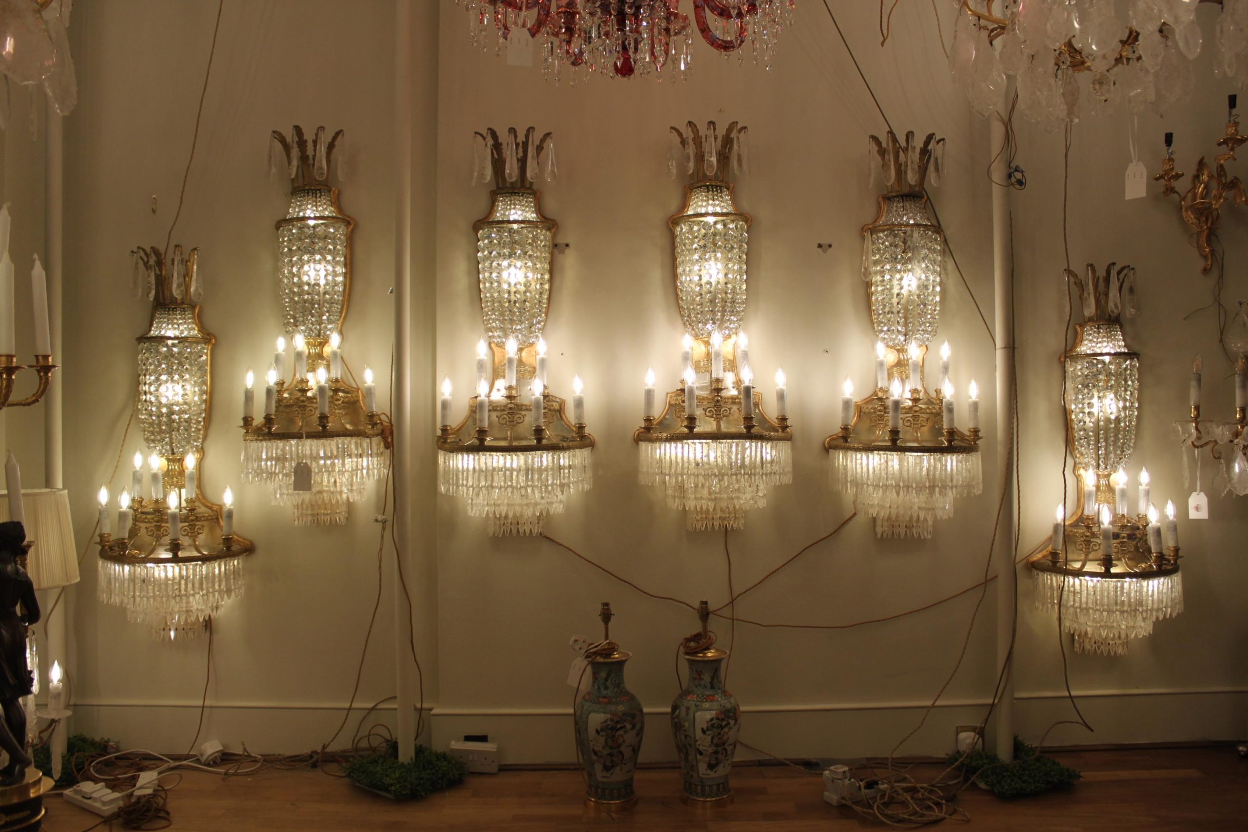 Set of six French gilt brass & rock crystal 11 light wall lights - Image 2