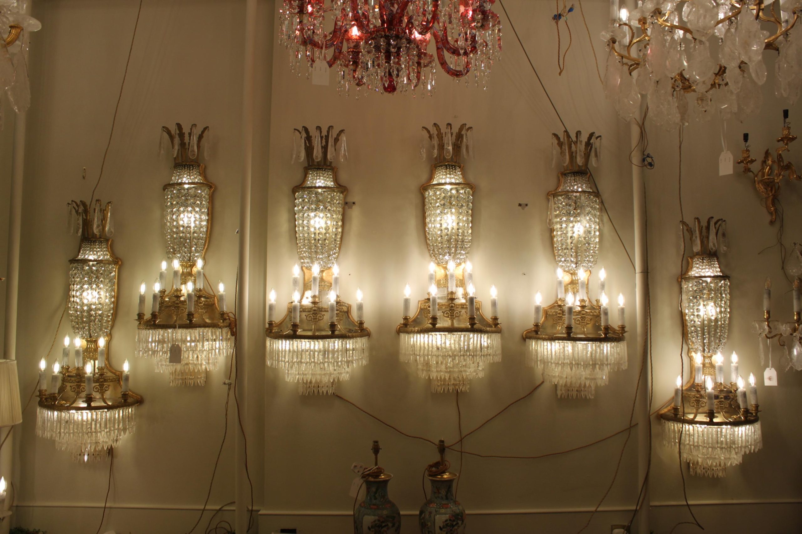 Set of six French gilt brass & rock crystal 11 light wall lights - Image 9