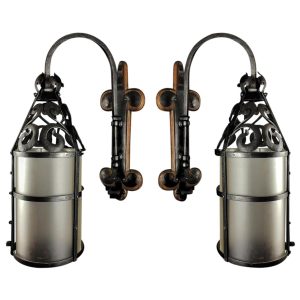 Pair of Wrought Iron & Frosted Glass Wall Lights in Arts & Crafts Style c1910