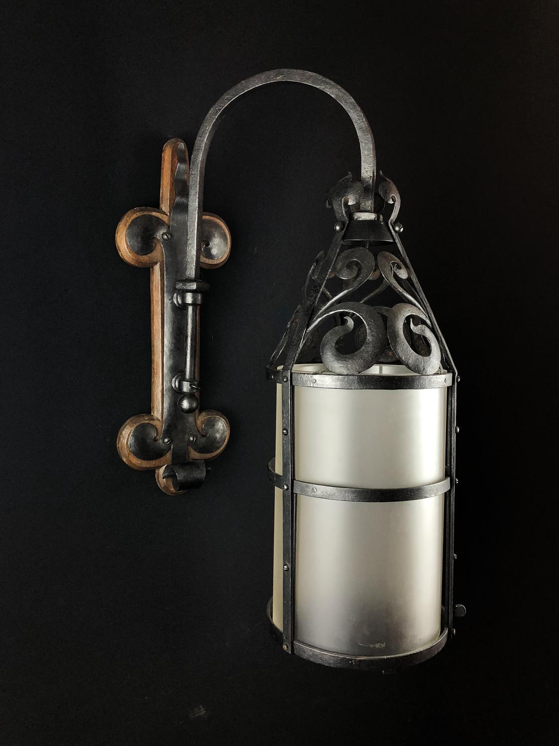 Pair of Wrought Iron & Frosted Glass Wall Lights in Arts & Crafts Style c1910 - Image 3