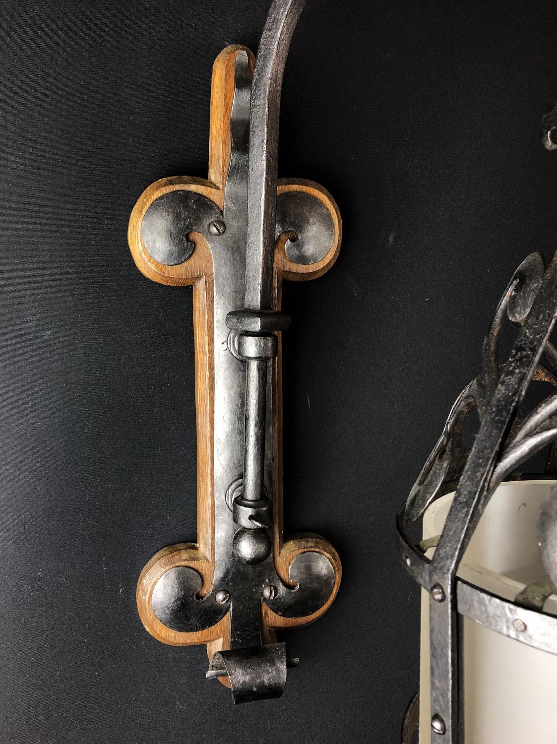 Pair of Wrought Iron & Frosted Glass Wall Lights in Arts & Crafts Style c1910 - Image 4