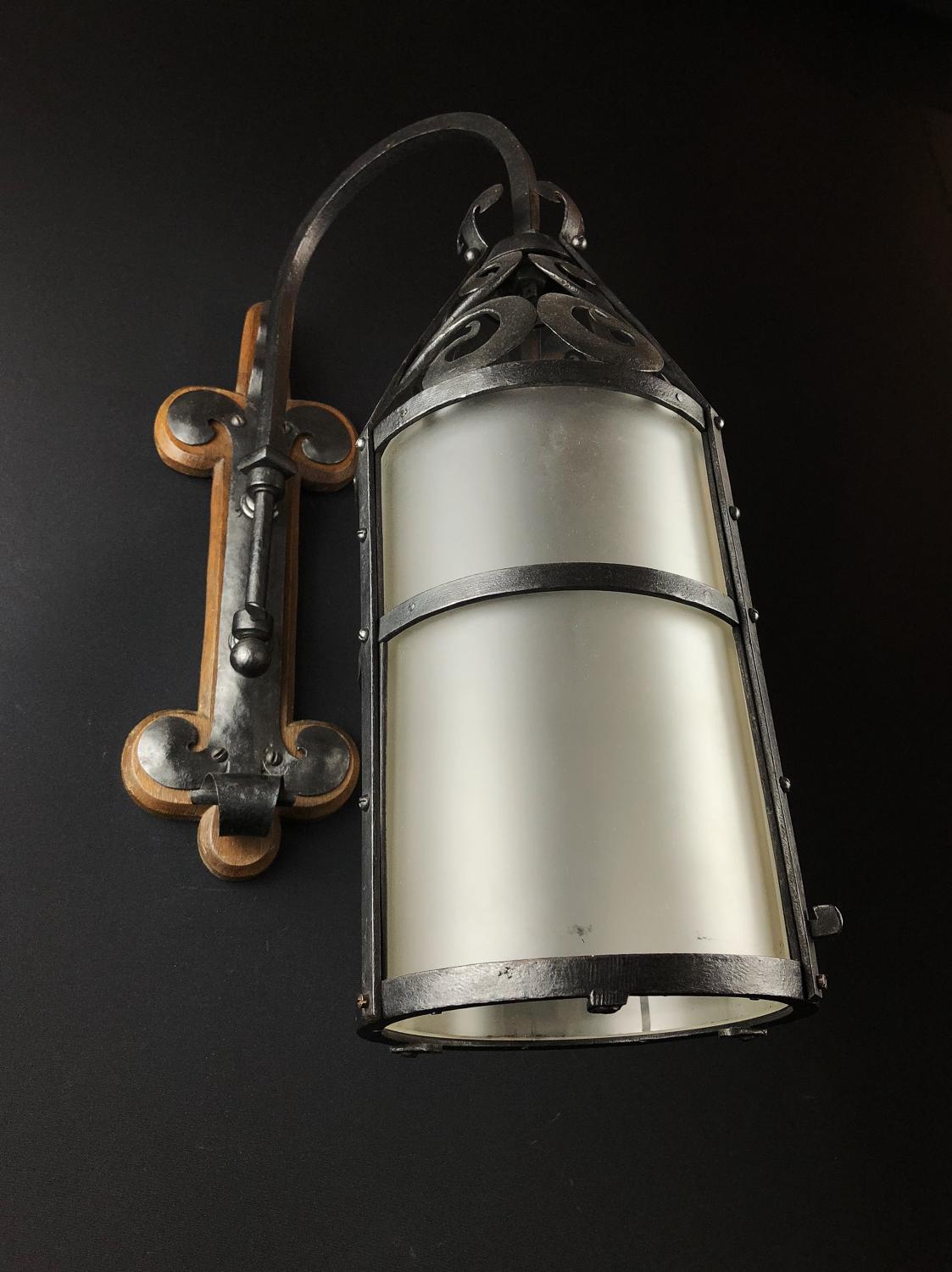 Pair of Wrought Iron & Frosted Glass Wall Lights in Arts & Crafts Style c1910 - Image 5