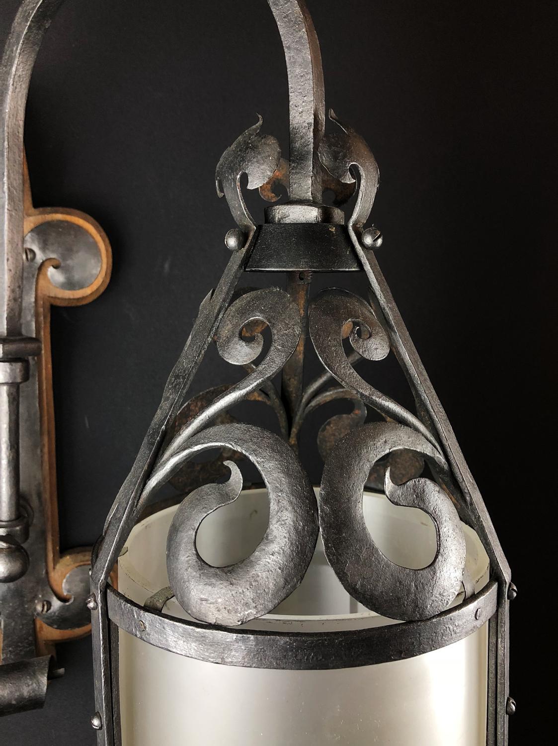 Pair of Wrought Iron & Frosted Glass Wall Lights in Arts & Crafts Style c1910 - Image 2