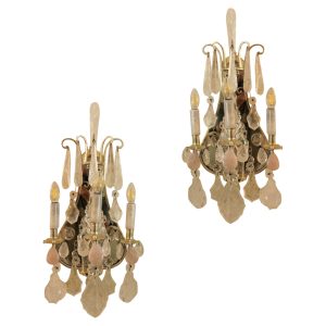 Pair of large rock crystal and pink quartz mirror backed wall lights
