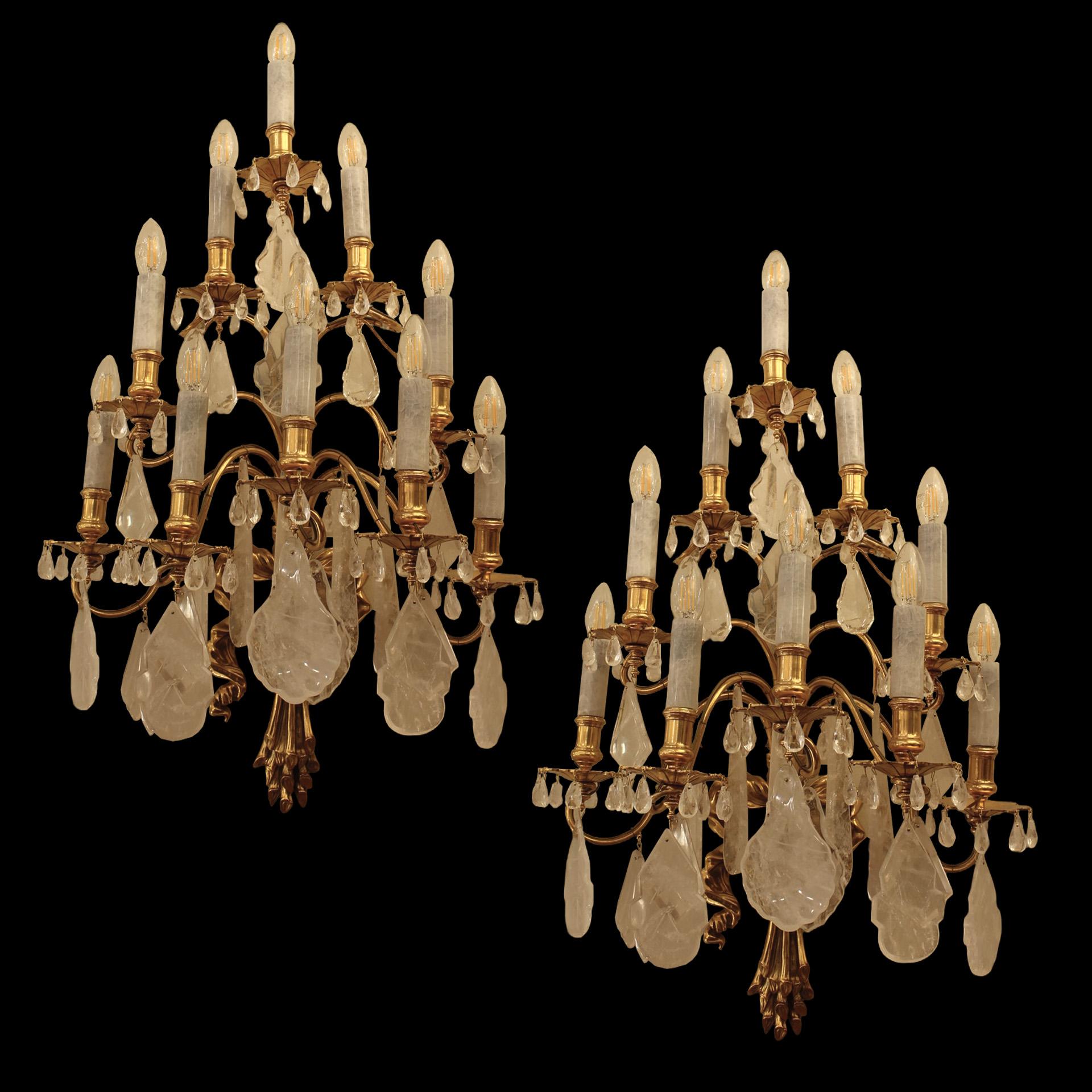 Pair of 19th Century French rock crystal 10 bulb wall lights