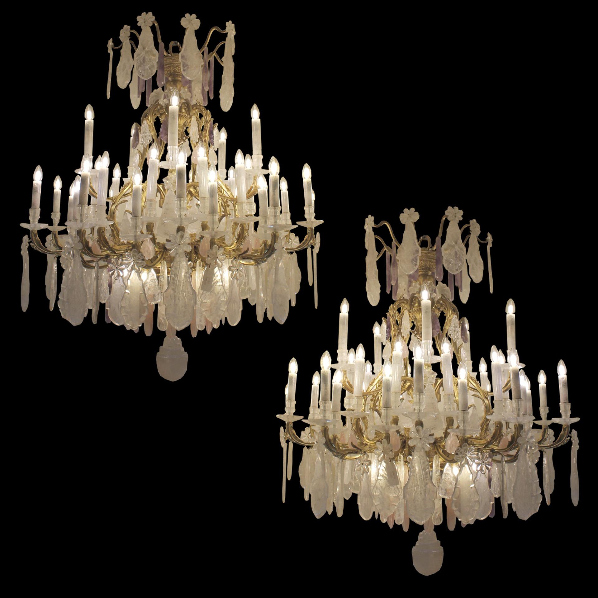 Clear & Rose rock crystal 40 light pair chandeliers featuring amethyst drops