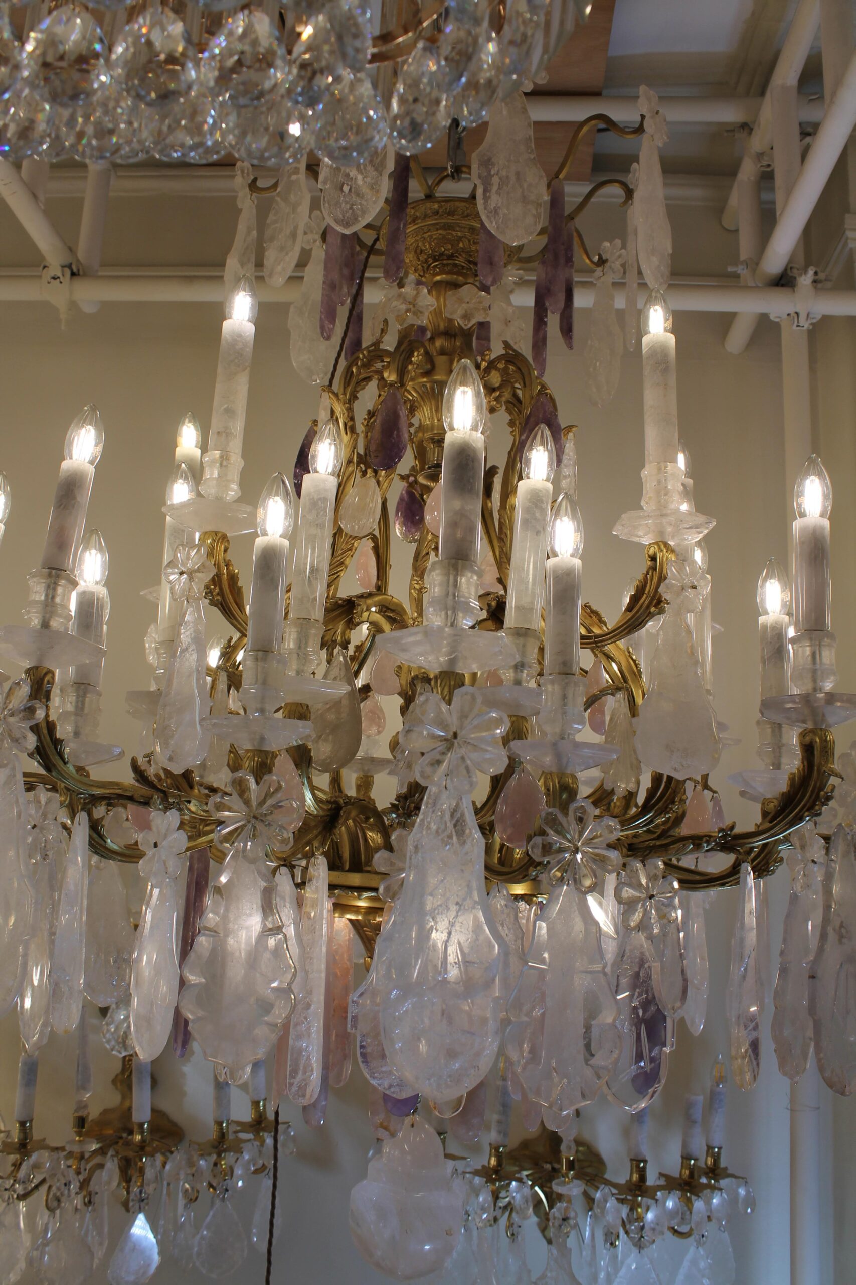 Clear & Rose rock crystal 40 light pair chandeliers featuring amethyst drops - Image 8