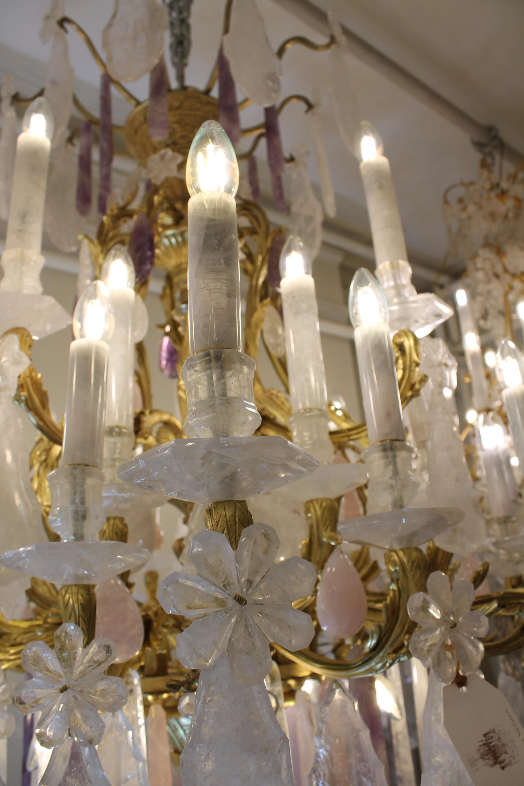 Clear & Rose rock crystal 40 light pair chandeliers featuring amethyst drops - Image 6