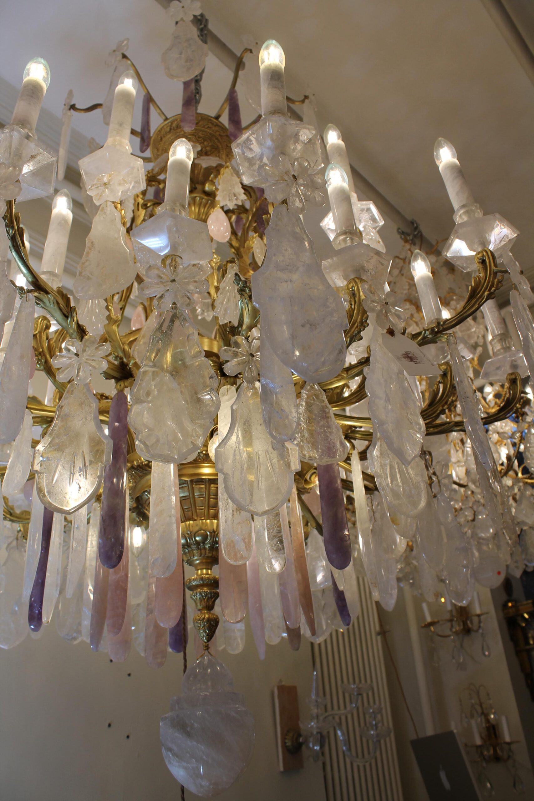 Clear & Rose rock crystal 40 light pair chandeliers featuring amethyst drops - Image 5
