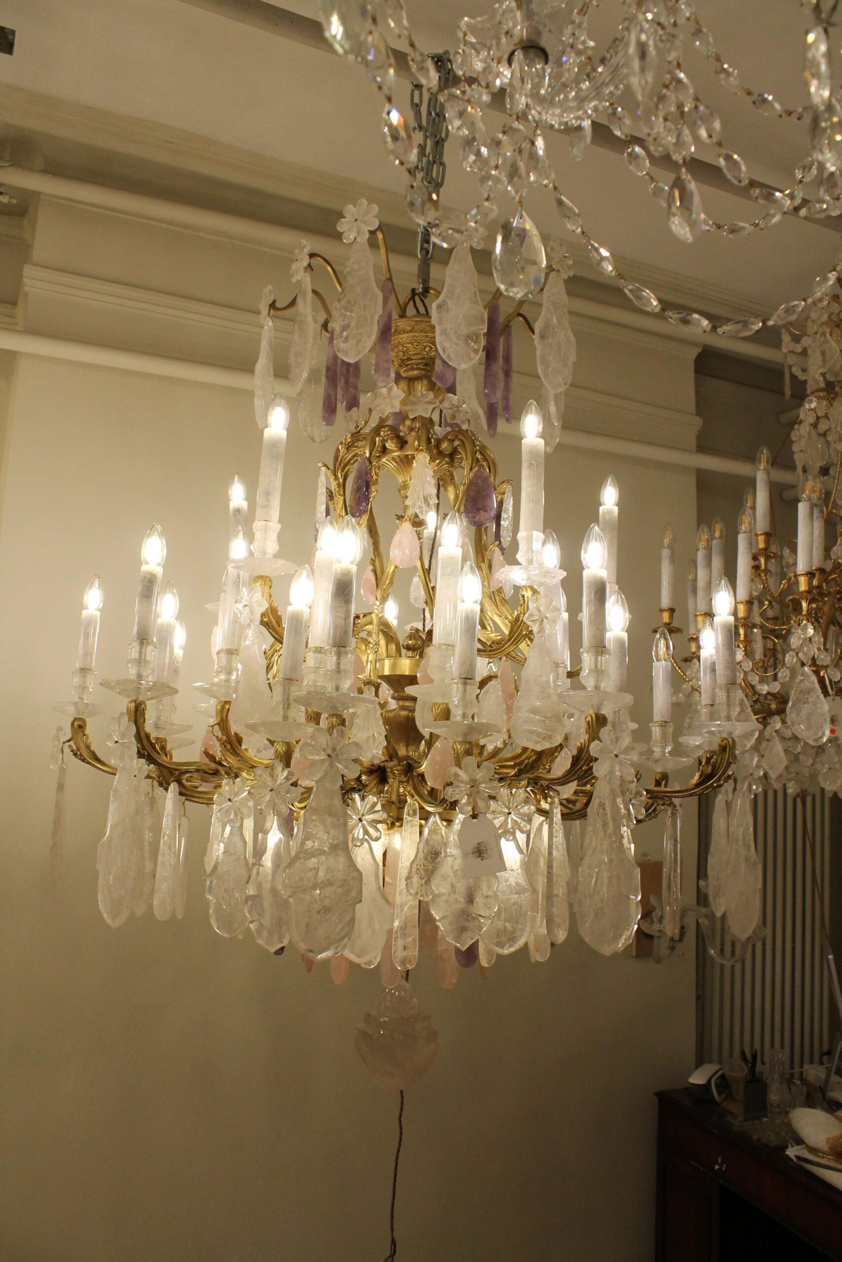 Clear & Rose rock crystal 40 light pair chandeliers featuring amethyst drops - Image 4