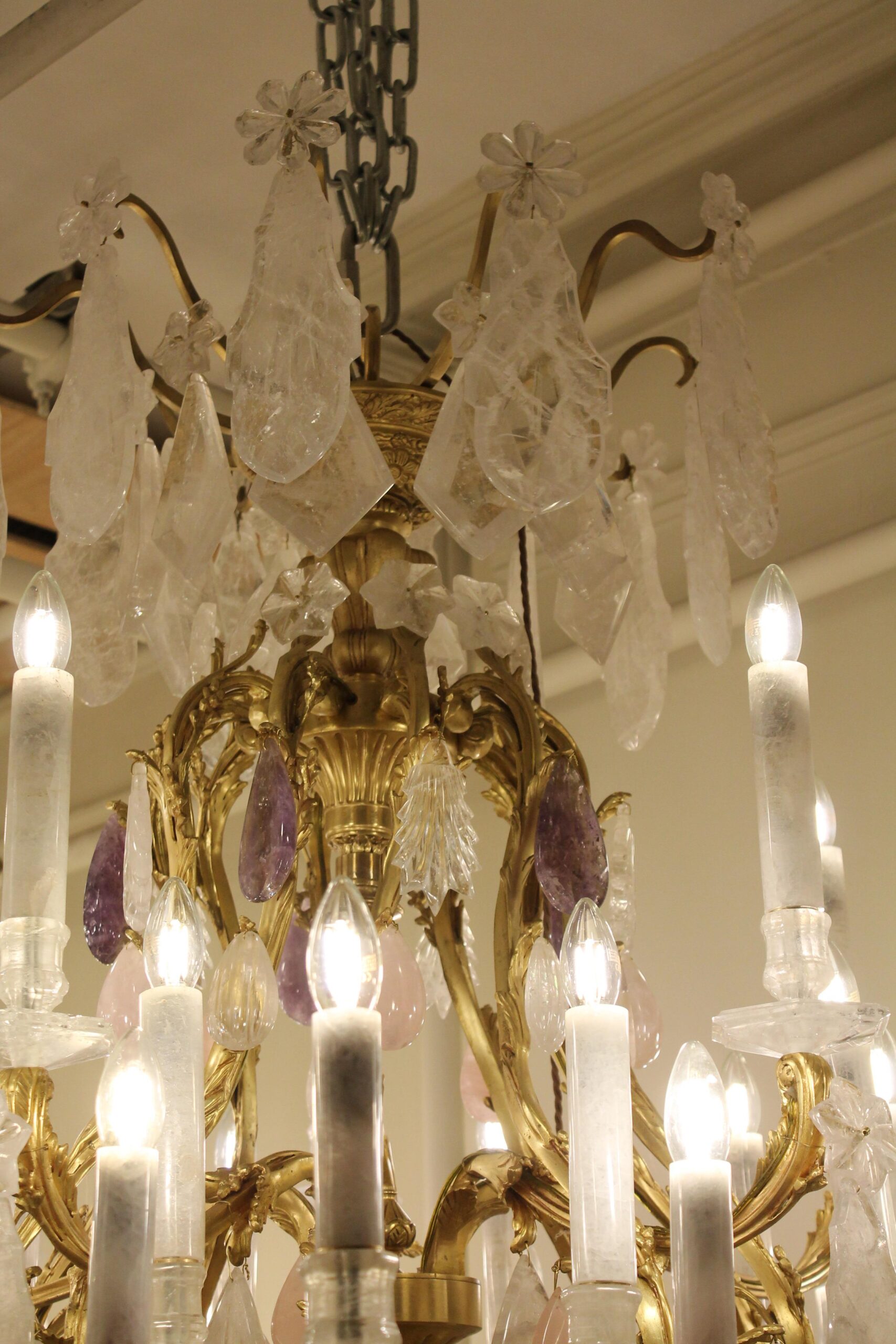 Clear & Rose rock crystal 40 light pair chandeliers featuring amethyst drops - Image 3