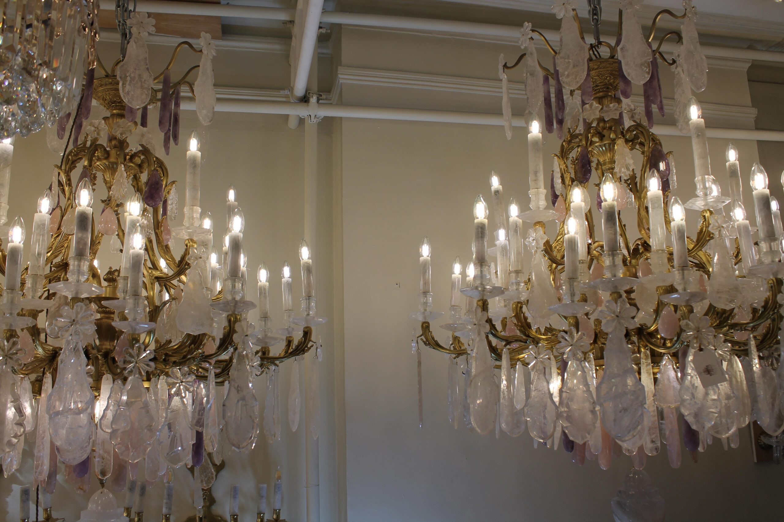 Clear & Rose rock crystal 40 light pair chandeliers featuring amethyst drops - Image 9