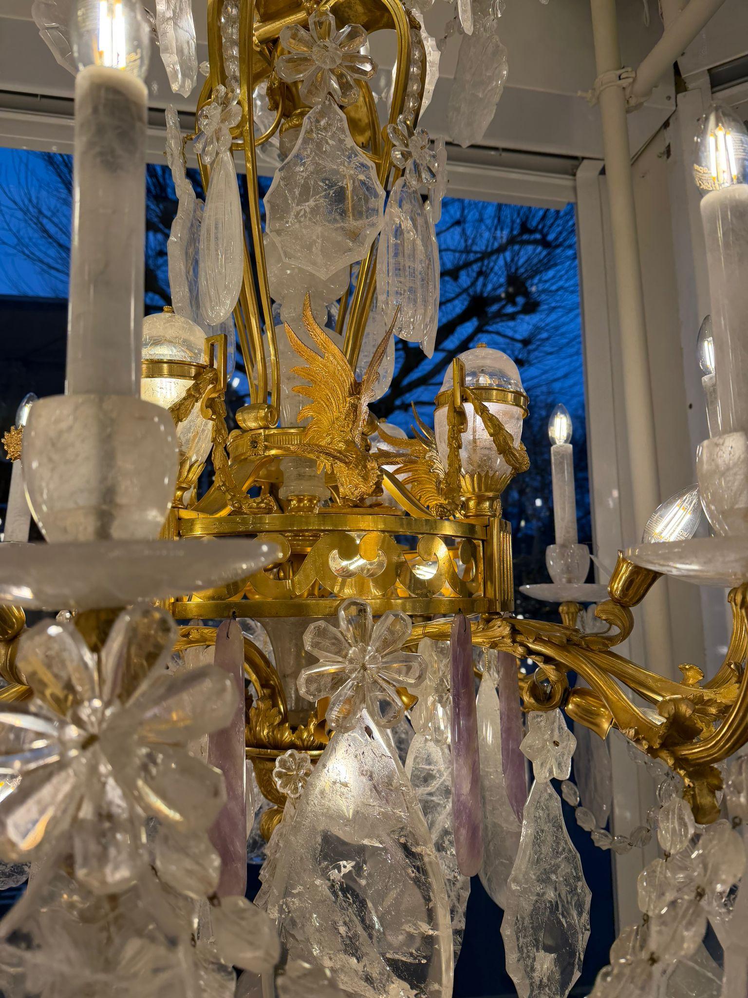 French Bronze & Rock Crystal and amethyst Chandelier 38 Lights and 4 rooster - Image 9