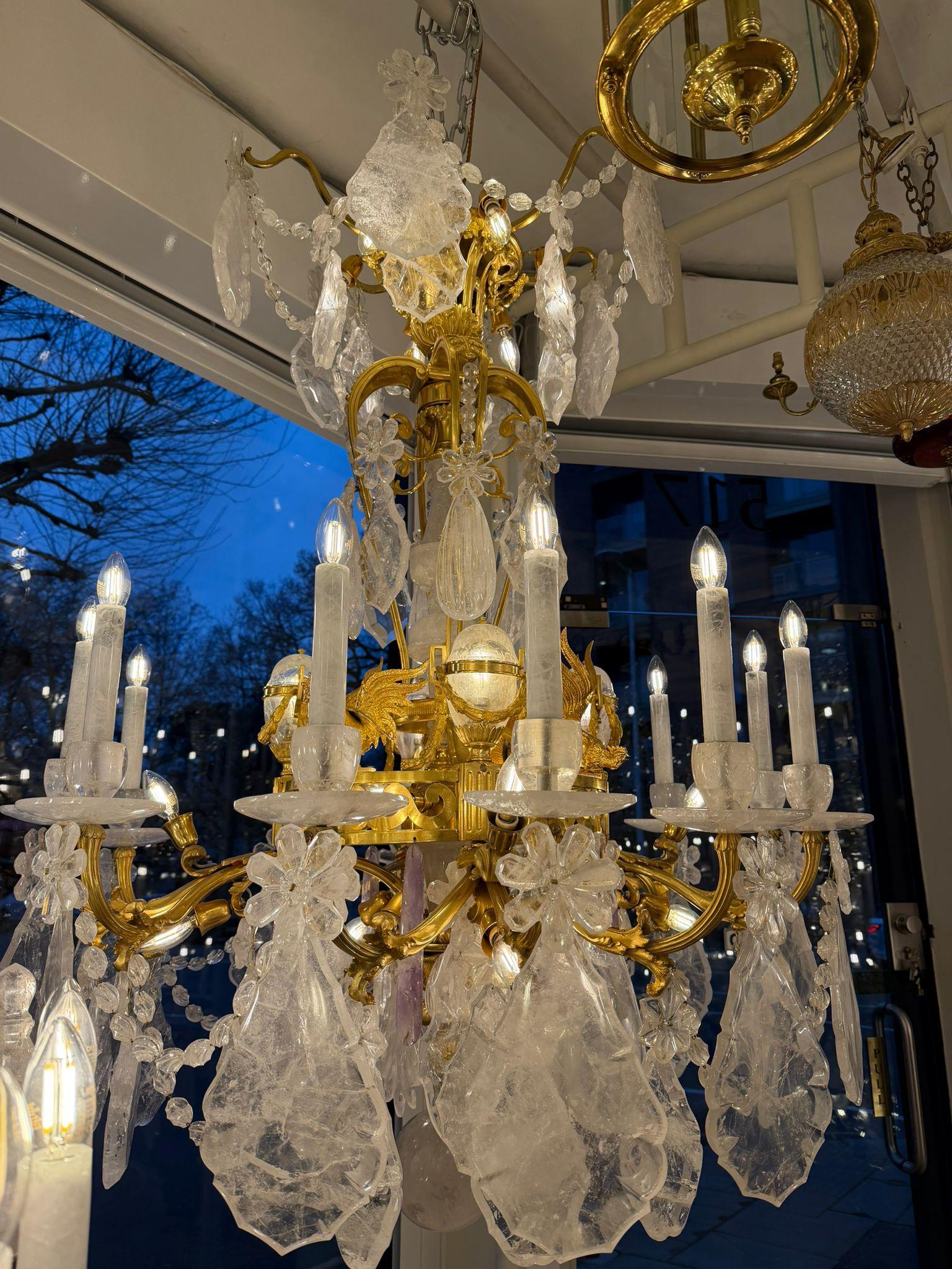 French Bronze & Rock Crystal and amethyst Chandelier 38 Lights and 4 rooster - Image 12
